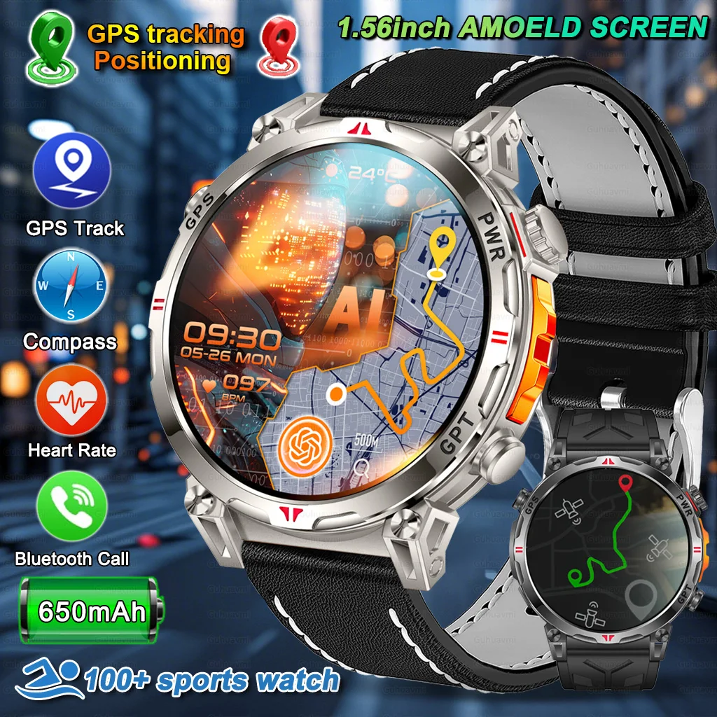 2025 New GPS Smart Watch AMOLED Screen 3ATM Waterproof Fitness tracking Heart Rate BT Call Professional Sports Smartwatch 650Mah