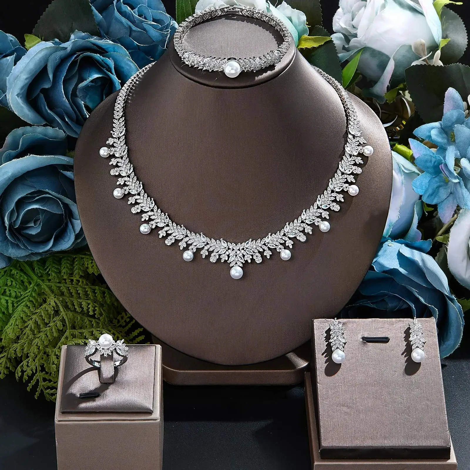 Elegant Pearls Zircon Jewelry Set for Women Wedding Party Dubai Bridal Jewelry 4PCS Full Necklace Sets