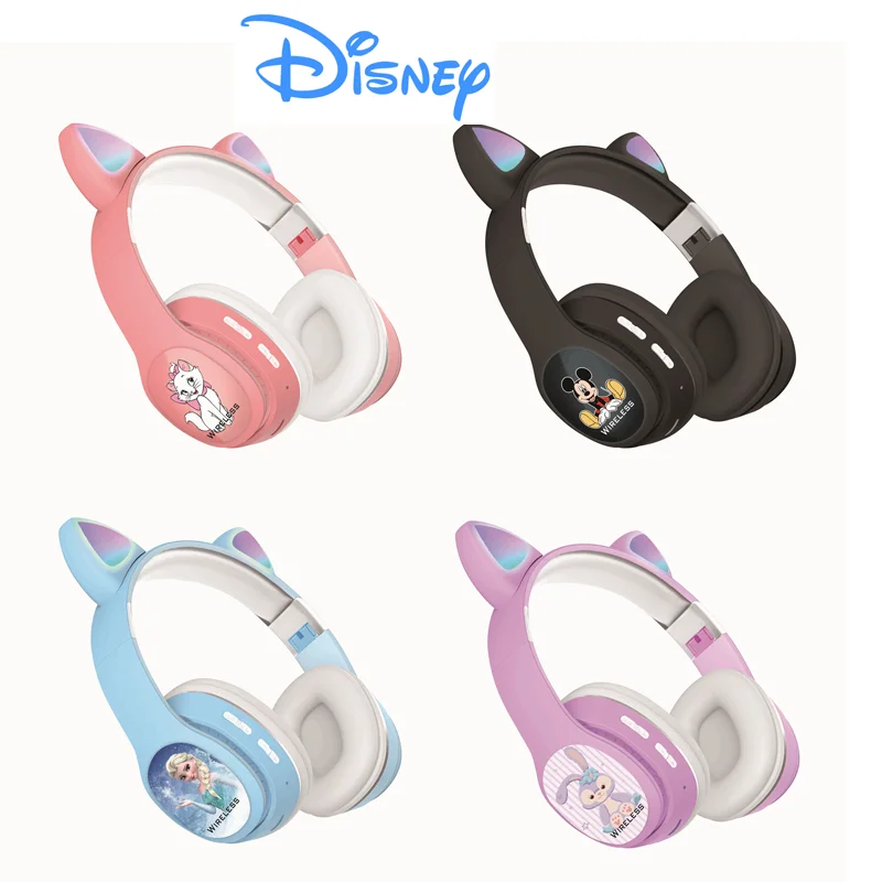 Disney Cartoon Ears Headworn Bluetooth Earphones 5.0 Girls Macaron Cartoon Cat Claw LED Light Colorful Illumination Card Insert
