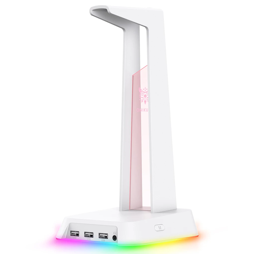 ONIKUMA Headphone Stand Headset Holder Office Net Bar Button Operation Flat Base Removable RGB Breathing Light Rack pink/white
