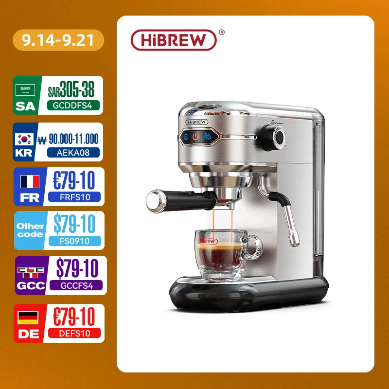 HiBREW Coffee Maker Cafetera 20 Bar Inox Semi Automatic Super Slim ESE POD& Powder Espresso Cappuccino Machine Hot Water H11