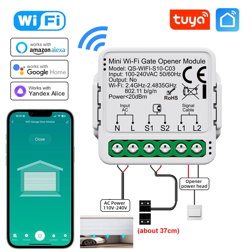 Tuya Mini WiFi Garage Door Opener Smart Life App Remote Voice Control Gate Door Switch module Works with Alice Alexa Google Home