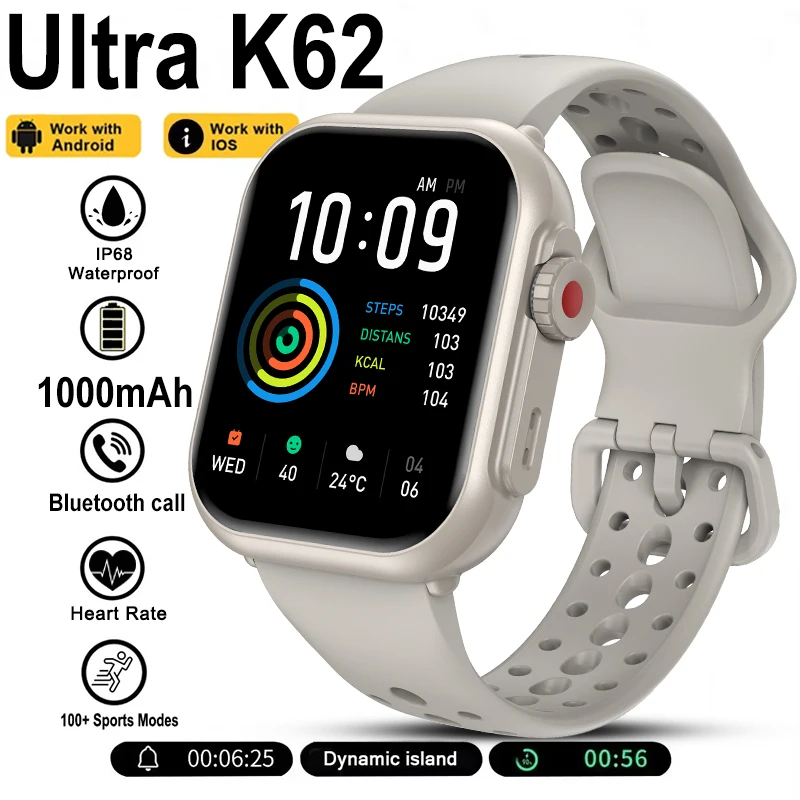 New Watch Ultra K62 Men Women 1000mAh HD AMOLED Heart Rate 100+Sport Mode Bluetooth Call GPS Track Waterproof Sport Smart Watch