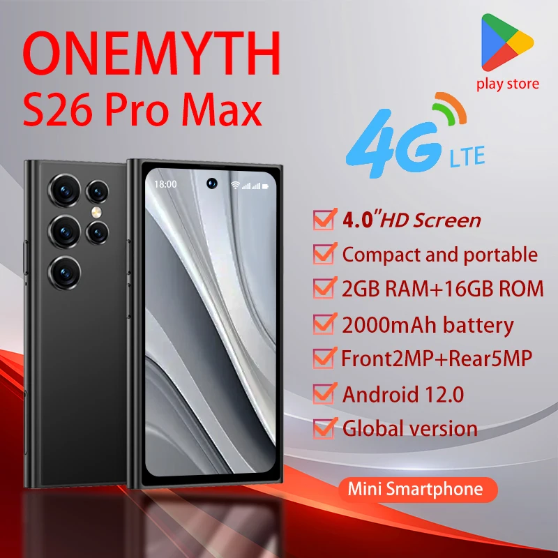 ONEMYTH S26 Pro 4G Mini Smartphone Native Android 12.0 Built in Google Play Store 4.0-inch 4G Dual SIM 2GB RAM+16GB ROM 2000mAh