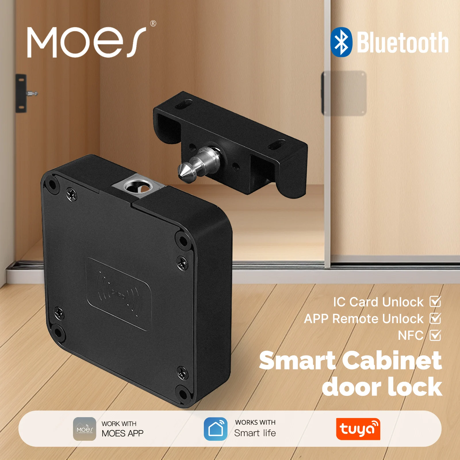 MOES Tuya Bluetooth Smart Lock for Wood Cabinet Keyless Entry IC Card App Control Remote Monitoring Furniture Drawer Door