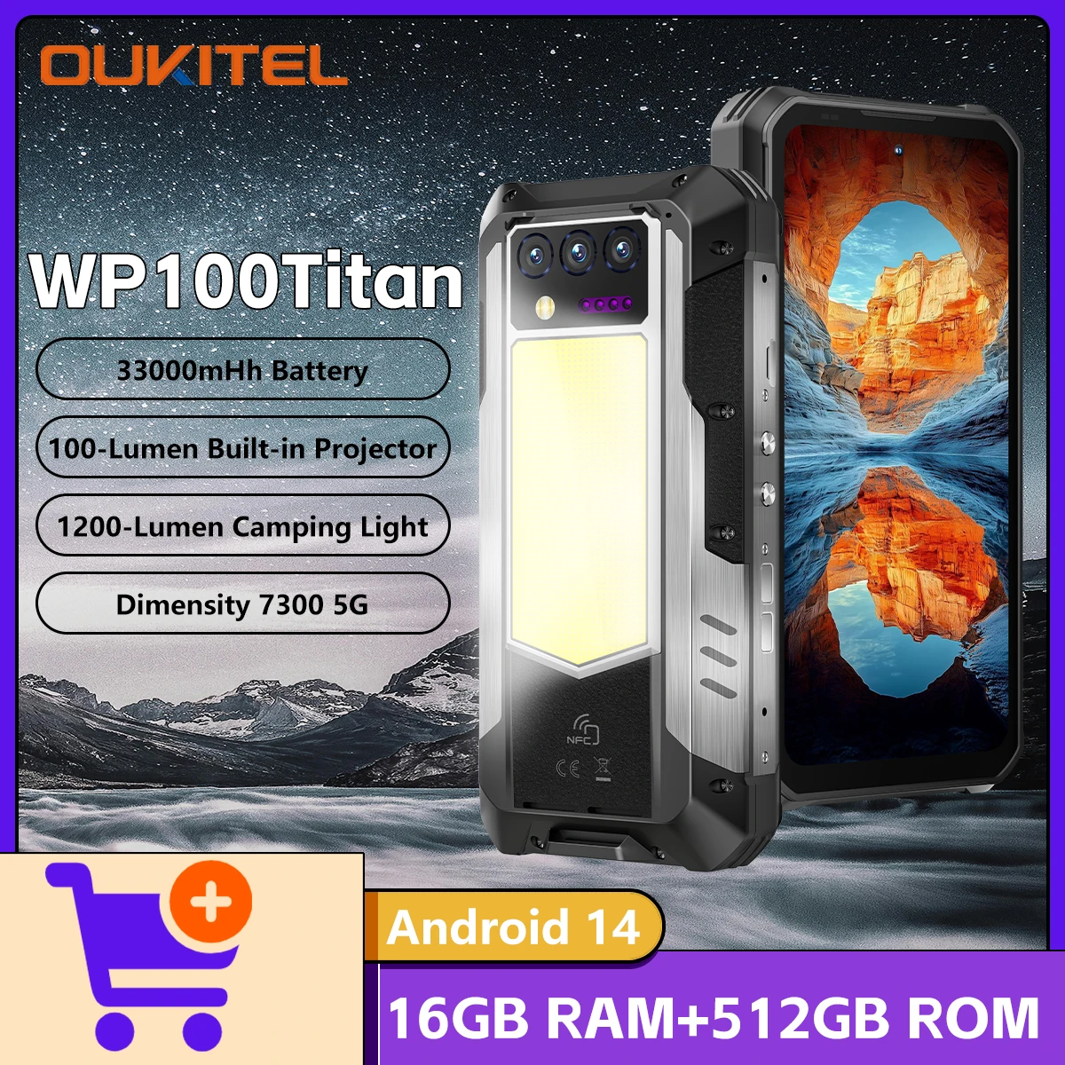 2025 NEW Oulitel WP100 Titan Rugged Phone 33000mAh 100-Lumne Built-in Projector Dimensity 7300 16GB RAM+512GB ROM Android 14