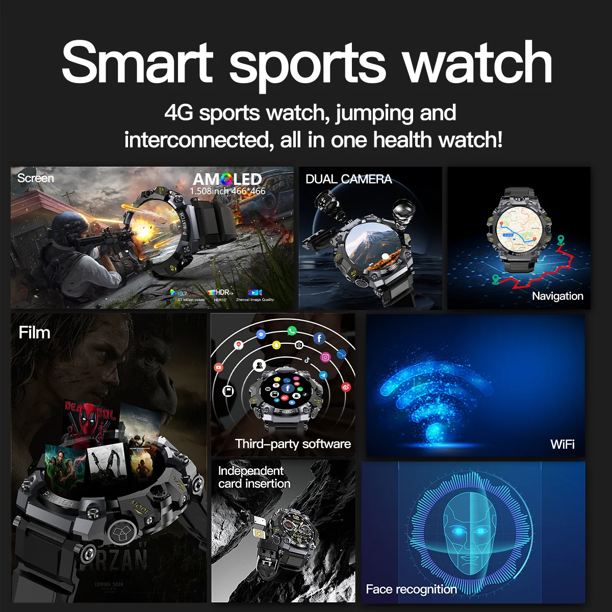 2025 NEW 4G Full Netcom Smartwatch Android system 1.508 inch 466*466 Amoled Screen 800W Dual Camera Smart Watch GPS WIFI