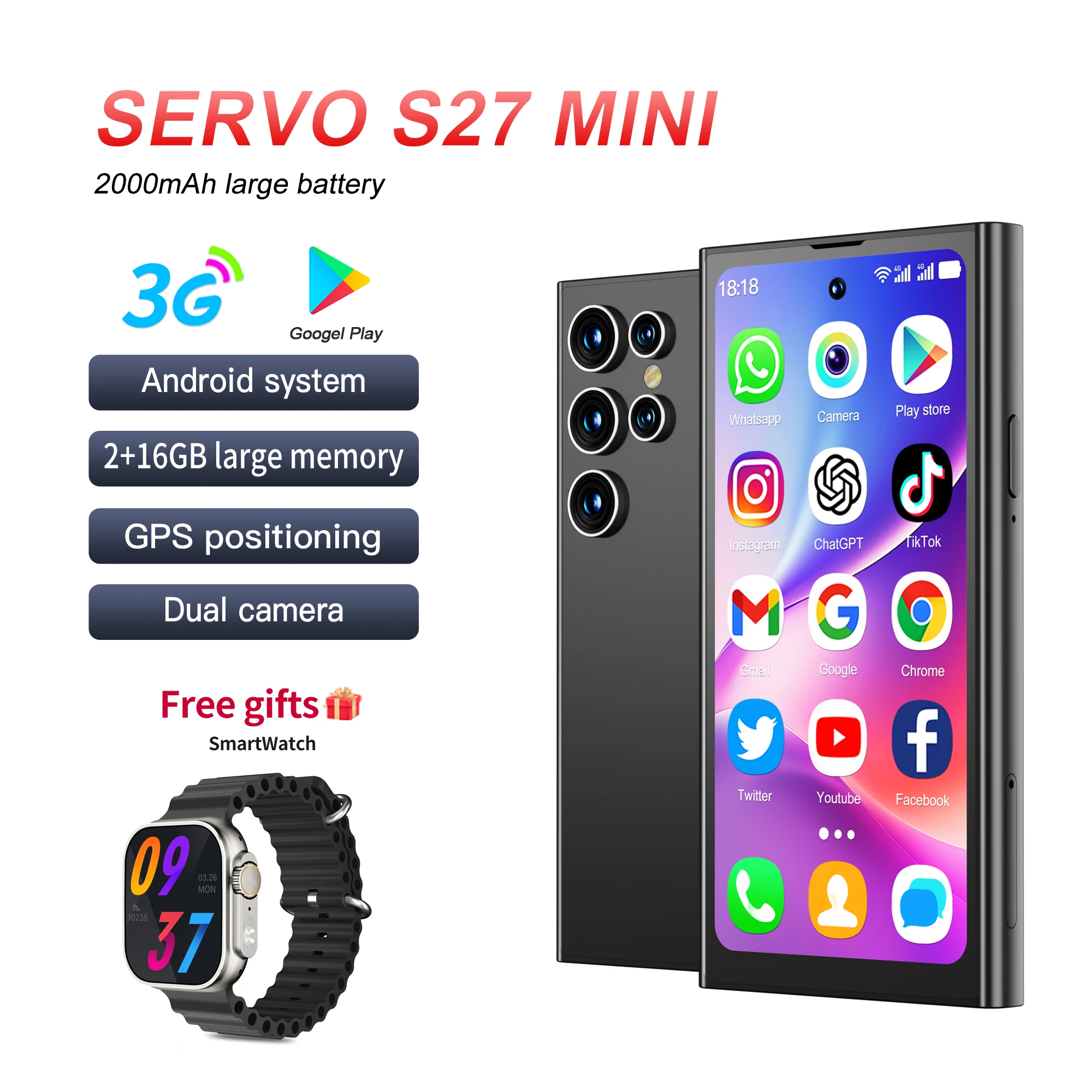 Smartwatch Gift! SERVO S27 Mini Android Small Smartphone Dual SIM Standby 16GB ROM Play Store Face Unlock 4.0