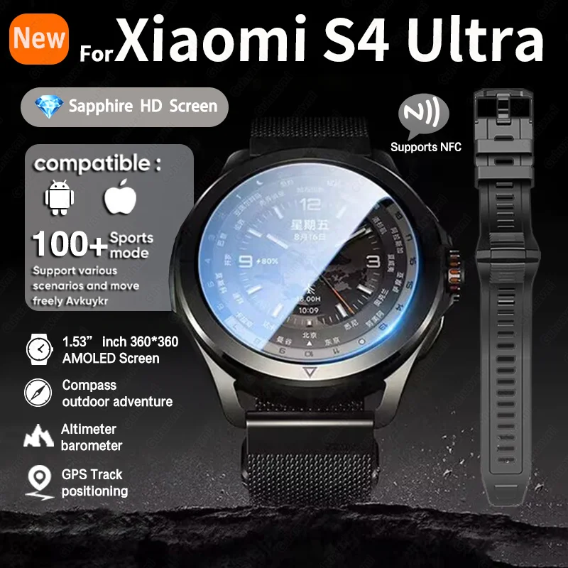 New For Xiaomi S4 Ultra Outdoor Sport Men HD AMOLED Display GPS Track Altimeter Heart Rate Bluetooth Call Waterproof Smart Watch