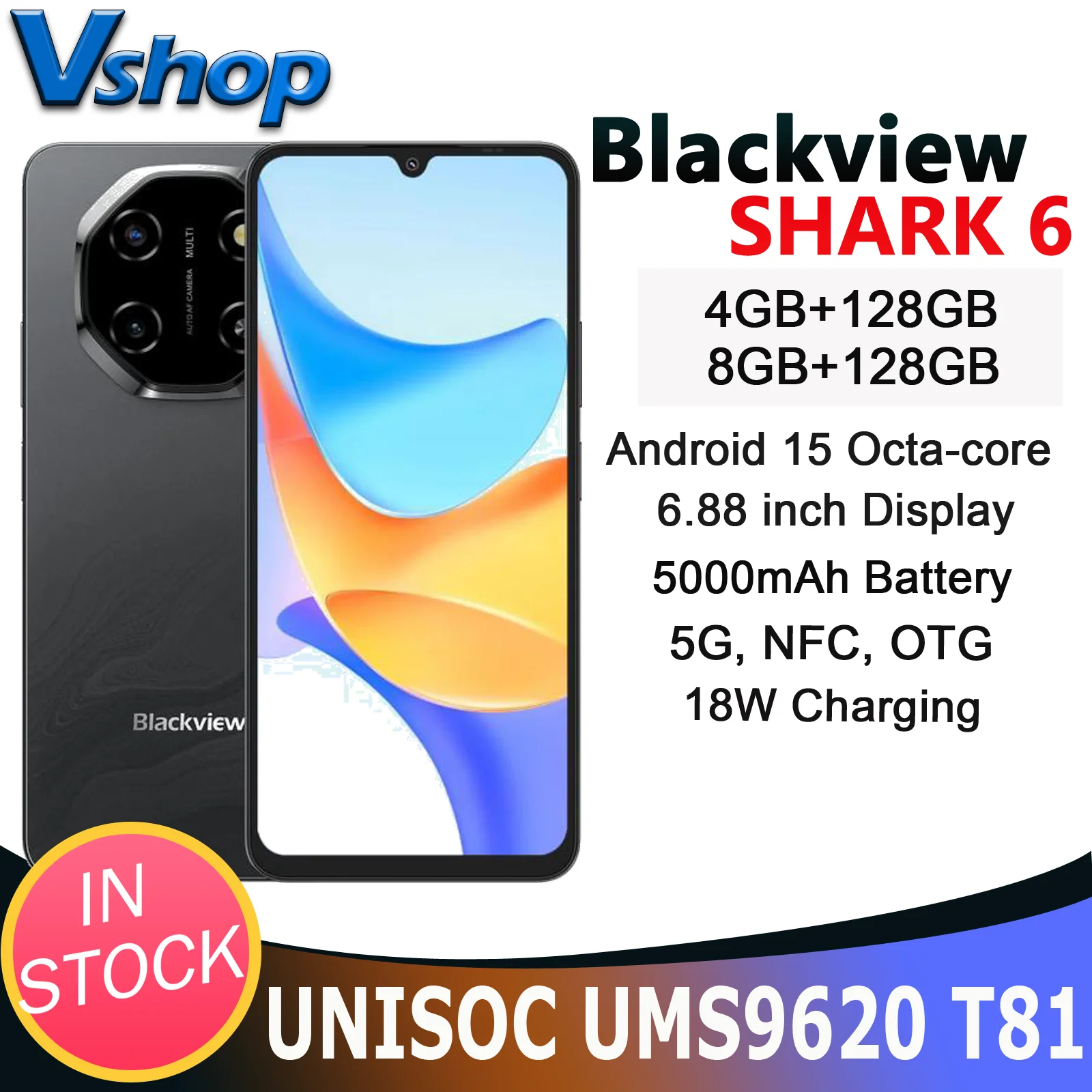 Blackview SHARK 6 5G Smartphone Android 15 Unisoc T8100 NFC OTG 6.88” 120Hz Display 4GB/8GB+128GB 5000mAh Unlocked Cellphone