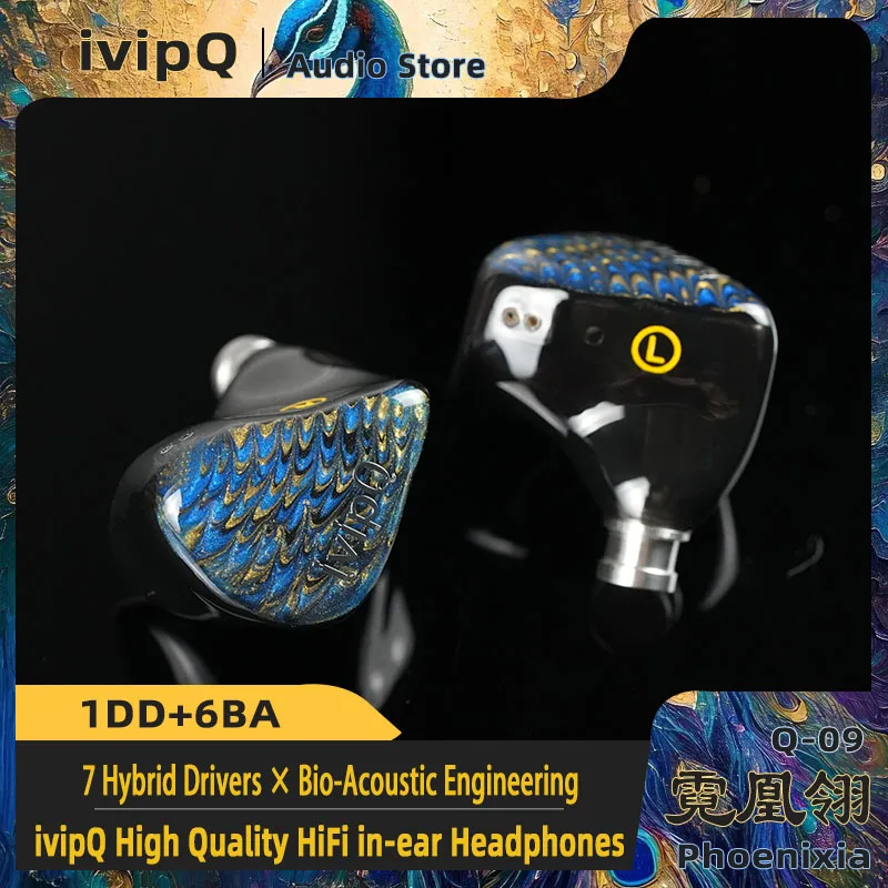 ivipQ-Q09 Phoenixia Sound Balance in Ear HiFi Earphone 1DD+6BA Dynamic Extremely Musical IEMs 4.4mm 2pin Cable, for Musicians