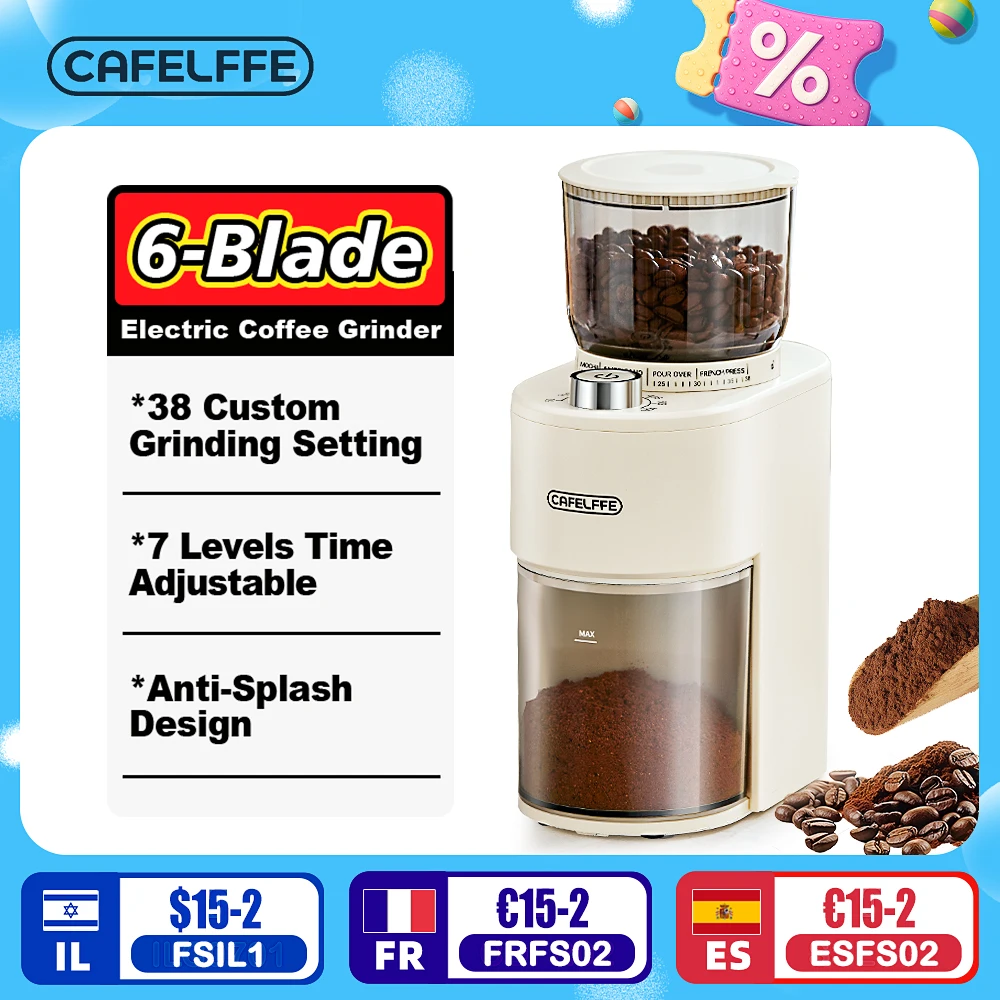 Cafelffe Anti-static Coffee Grinder Adjustable Burr Mill with 38 Grind Settings Electric Coffee Bean Grinder for Espresso,Mini