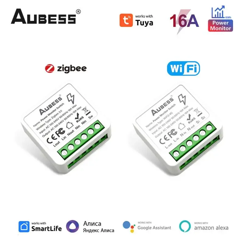 1-10PC Tuya ZigBee WiFi Smart Switch With Power Monitor 16A DIY Relay Voice Control Smart Home Automation For Alexa Google Alice