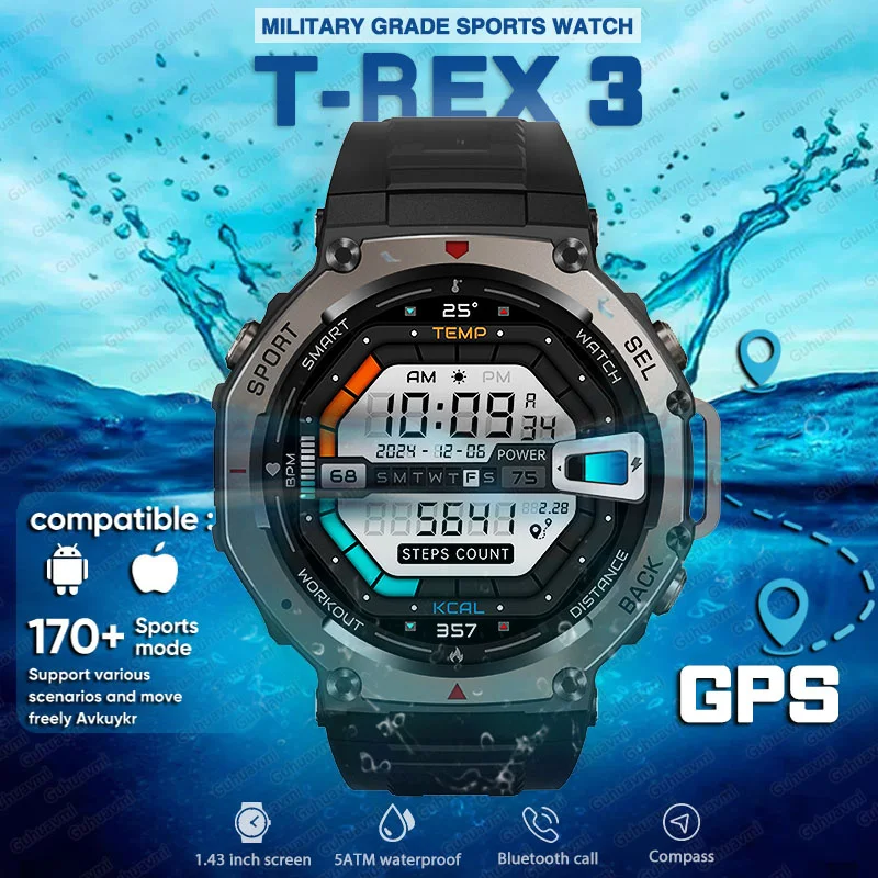 2025 GPS Military Grade 5ATM Waterproof Smart Watch Compass BT Call AMOLED HD Men Outdoor 170+ Sports T-Rex 3 Ultra Smartwatch