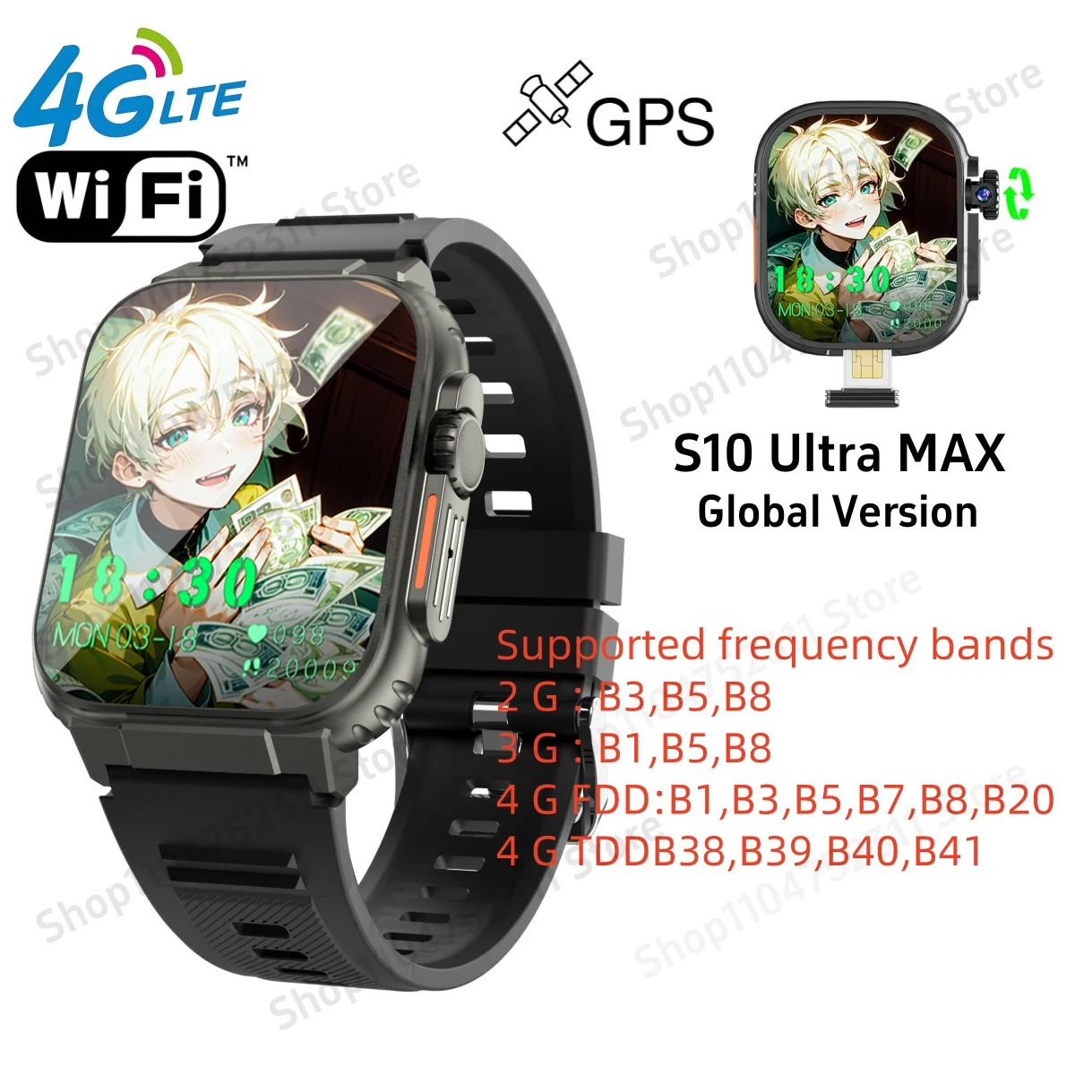 S10 Ultra MAX Smartwatch 4G 5G Android 10.0 System Rotary camera 256GB ROM App Store WiFi GPS SIM card 2.26” Amoled Smart Watch