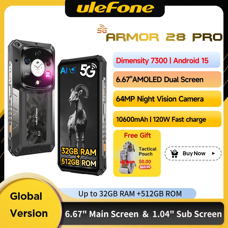 【2025 New】Ulefone Armor 28 Pro 5G AI Rugged Phone 512GB ROM 32GB RAM Smartphone Android 6.67