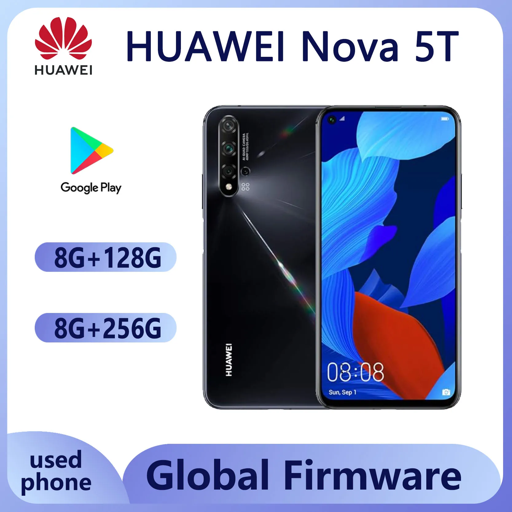 HUAWEI Nova 5T Smartphone  Android ARM Mali-G76 Global Firmware Celular 32 mp Front camera full screen unlocked Used Phone