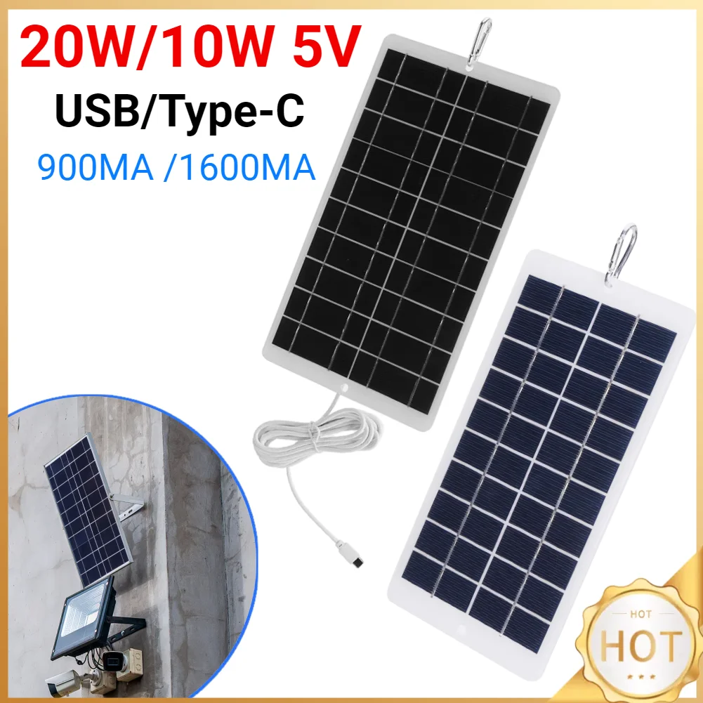 20W/10W 5V Solar Panel Charger Waterproof Outdoor Solar Panels USB/Type-C Output Lightweight for Wireless Security Camera