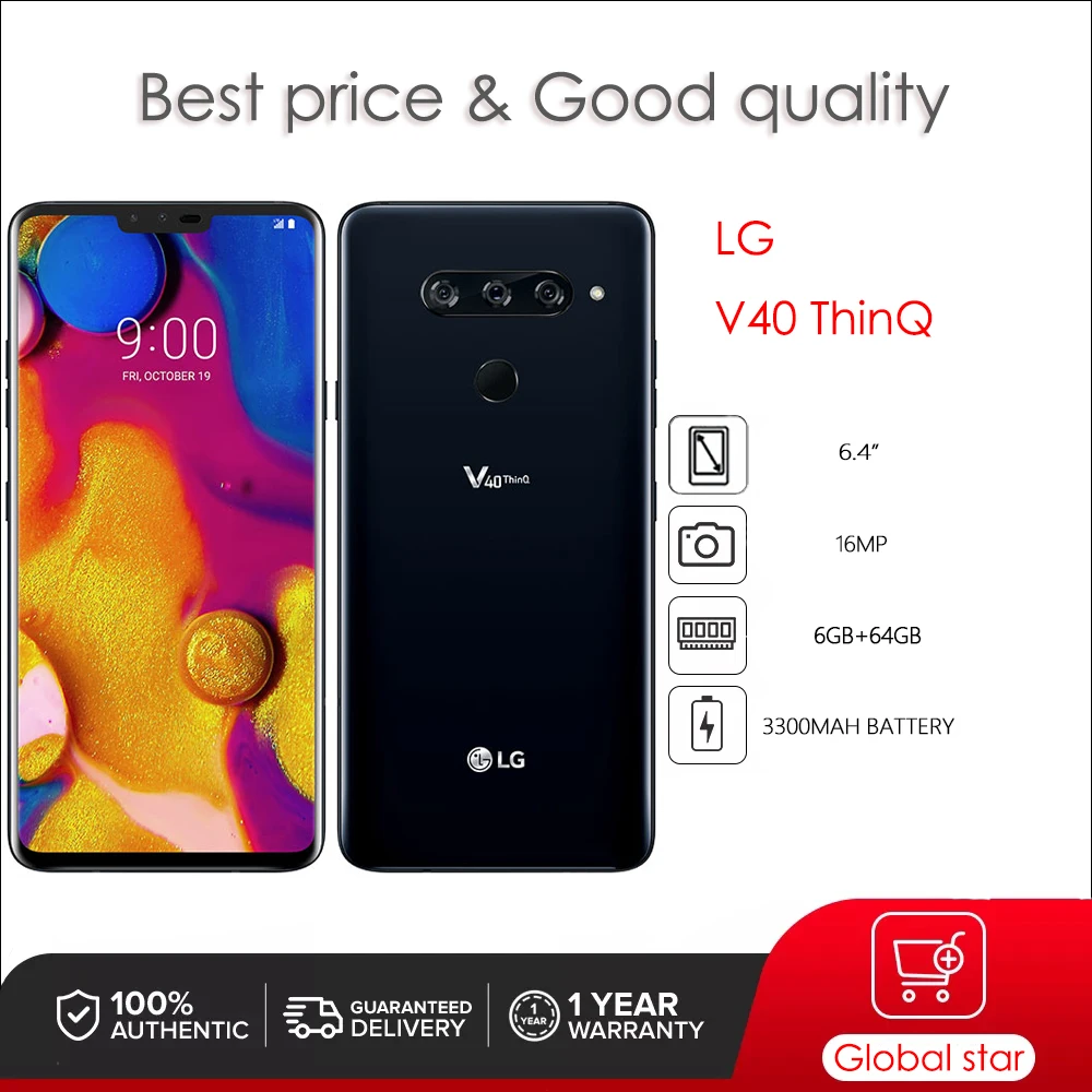 LG V40 ThinQ Original V405 V405EMW Unlocked Single Sim 6GB 128GB Octa-core 16MP 6.4” 3300mAh Android 8.1 FM Smartphone