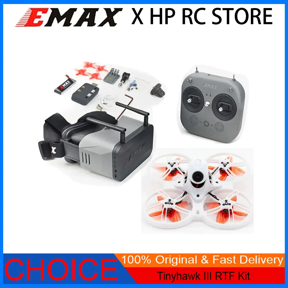 EMAX Tinyhawk III RTF Kit – FPV Racing Drone, F4 FC, 15000KV Motor, 25-100-200mW VTX, 1-2S, FrSky D8 w/ Controller & Goggles
