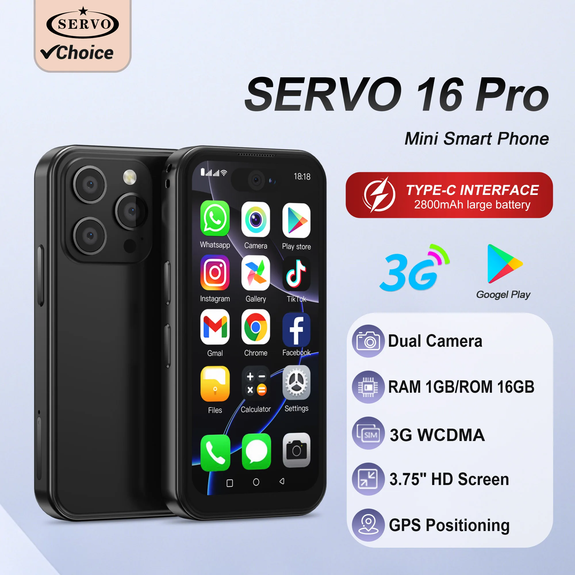 SERVO 16PRO Mini Smartphone 3G WCDMA Dual SIM Android 8.1 16GB ROM WiFi GPS Play Store 3.75
