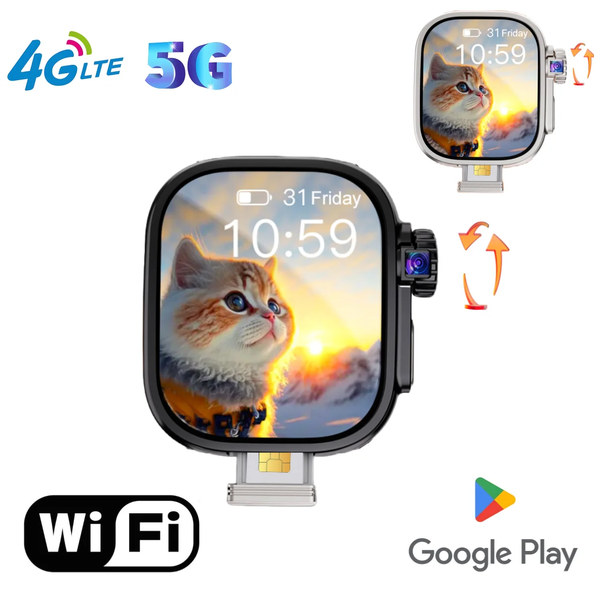 JC02 Pro Smart Watch 2.2 inch Amoled Curved Screen 448*528 Display 180° Rotating Camera GPS WIFI Android 9.0 Smartwatch SIM Card