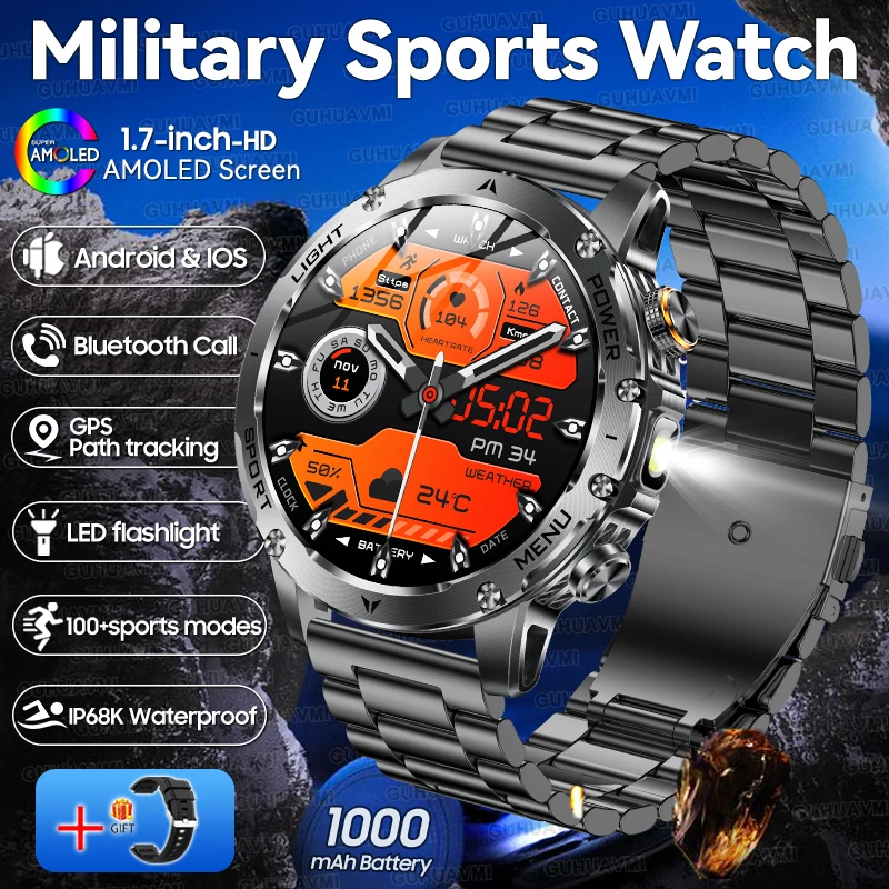 2025 New Outdoors Military 1000mAh Battery Smart Watch Men LED Flashlight IP68 Waterproof Heart Rate Sports Fitness Smartwatchs