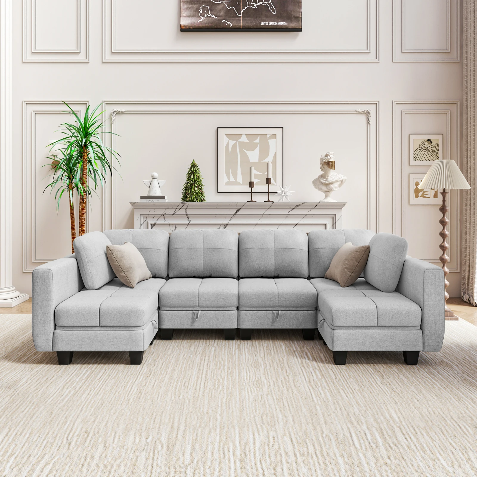 Corner Large Sofa with Storage, Modern Fabric Sofa Bed Convertible 2 Seater 3 Seater Sofa, L-Shaped U-Shaped Couch with Ottoman