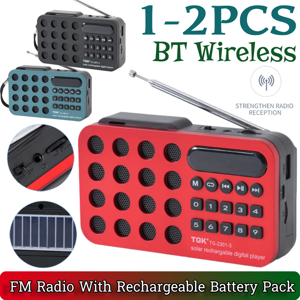 1-2PCS FM Radio BT Wireless With Rechargeable Battery Pack Support USB TF Card Play Emergency Radio Solar Charging/Rechargeable