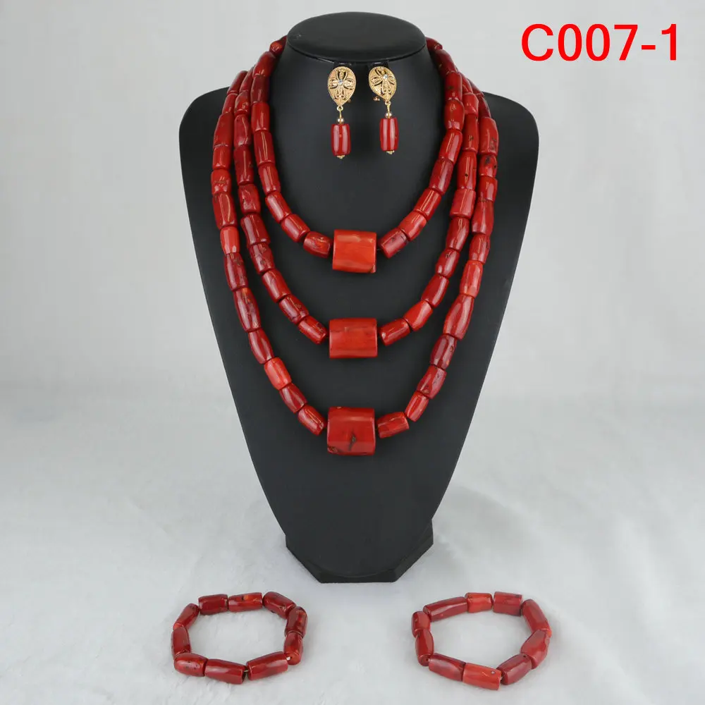 Original Coral Beads Jewelry Set African Wedding Nigeria Golden Flower Pendant Necklace Bride Accessorie