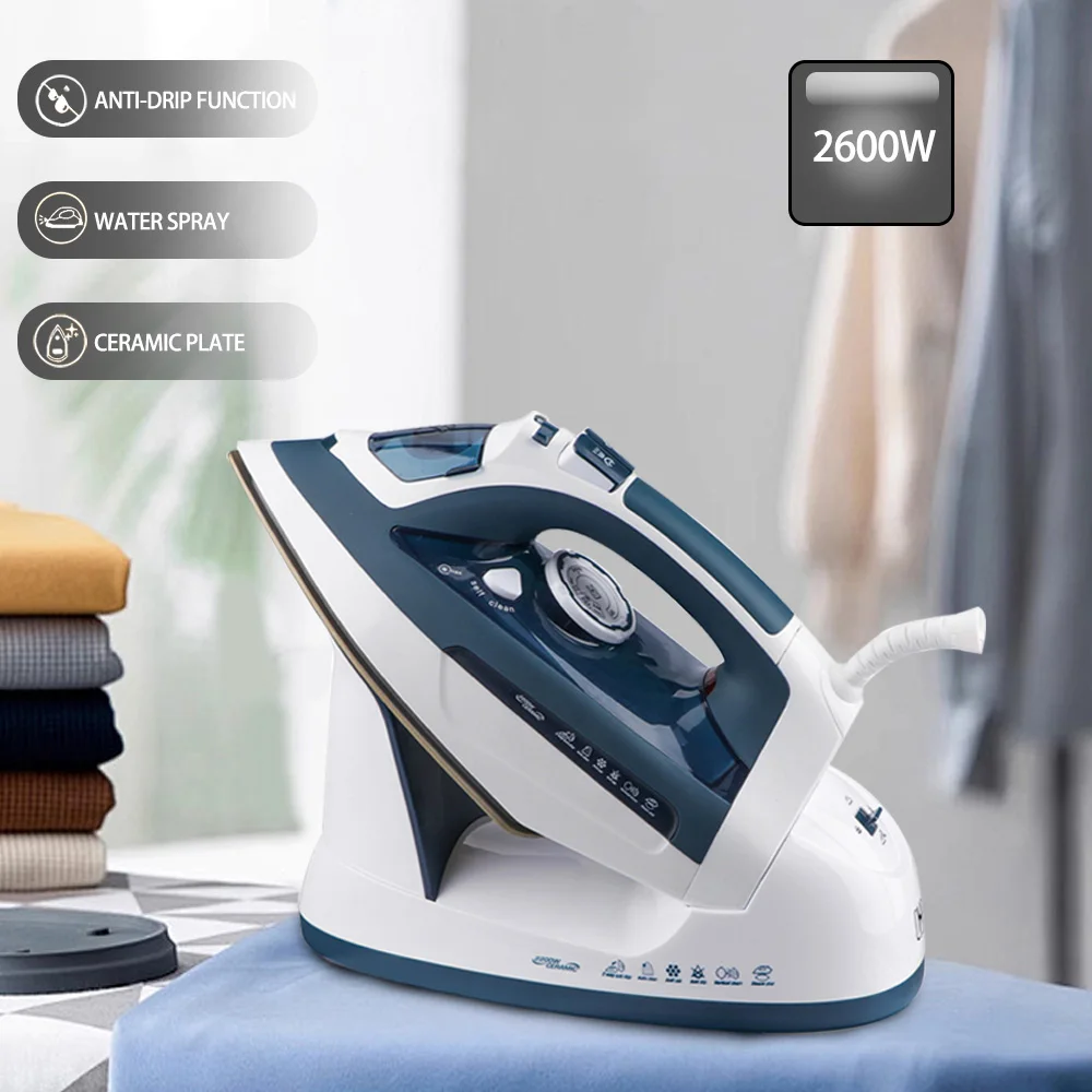Electric Steam Iron For Cloth with Base 2600W Household Fabric Ceramic Soleplate Electric Iron Ironing 470ml Fast-heat