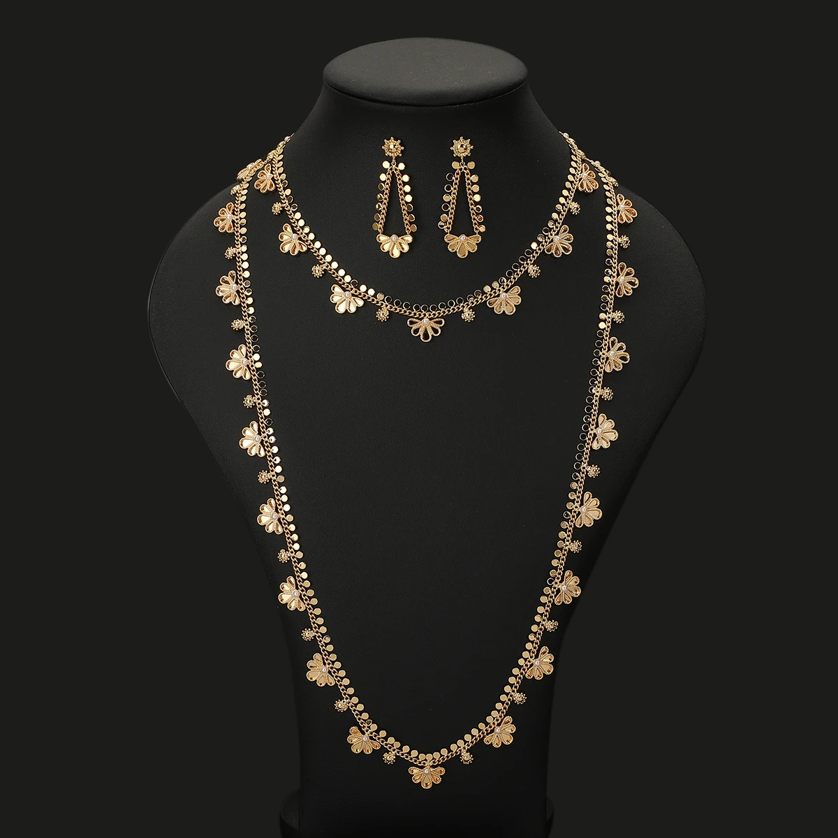Women Fashion Flower Design Long Chain Necklace Earring with Choker Set Ramadan Arabic Style Necklace Party Jewelry Set