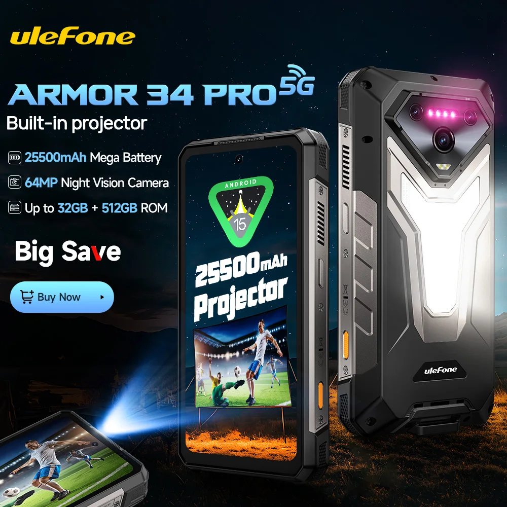 【World Premiere】Ulefone Armor 34 Pro 5G AI Rugged Phone 25500mAh Up to 32GB+512GB Built-in Projector 120Hz 6.95