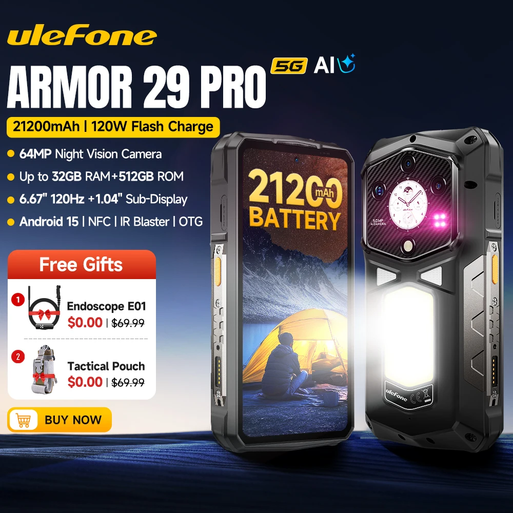 【2025 New】Ulefone Armor 29 Pro 5G Rugged Phone 21200mAh 120W Smartphone Android 15 64MP Night Vision 6.67