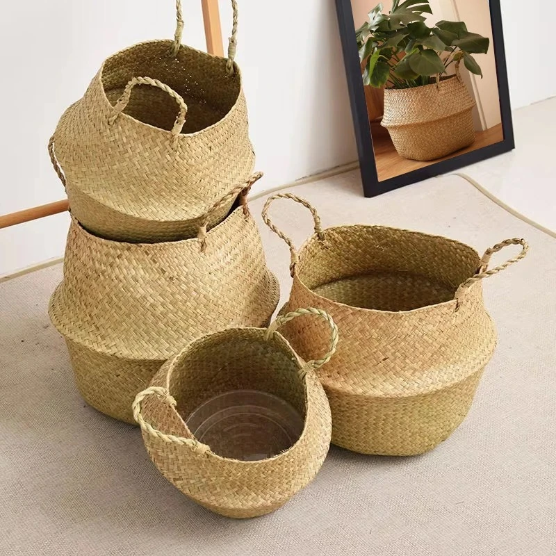 Wicker Storage Baskets Hanging Wicker Flower Pots Seagrass Foldable Laundry Baskets Garden Plant Baskets Pastoral Home Decor box