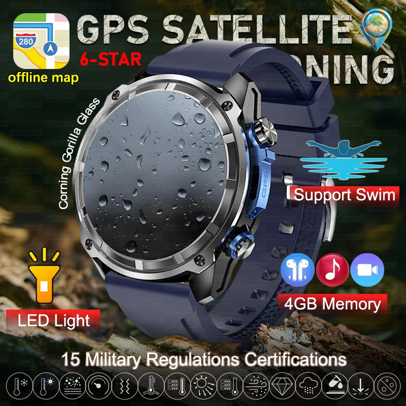 2025 New Military GPS Sports Smartwatches Men 5ATM Waterproof Fitness Tracker 4GB Memory Offline Maps 860Mah Battery Smart Watch