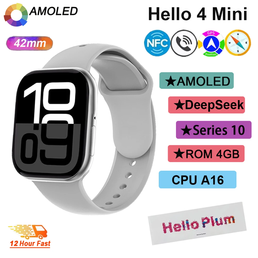 New Hello Watch 4 Mini Original Smart Watch AMOLED 4GB ROM NFC Compass Bluetooth Call Sports Men Women Watch for Android IOS