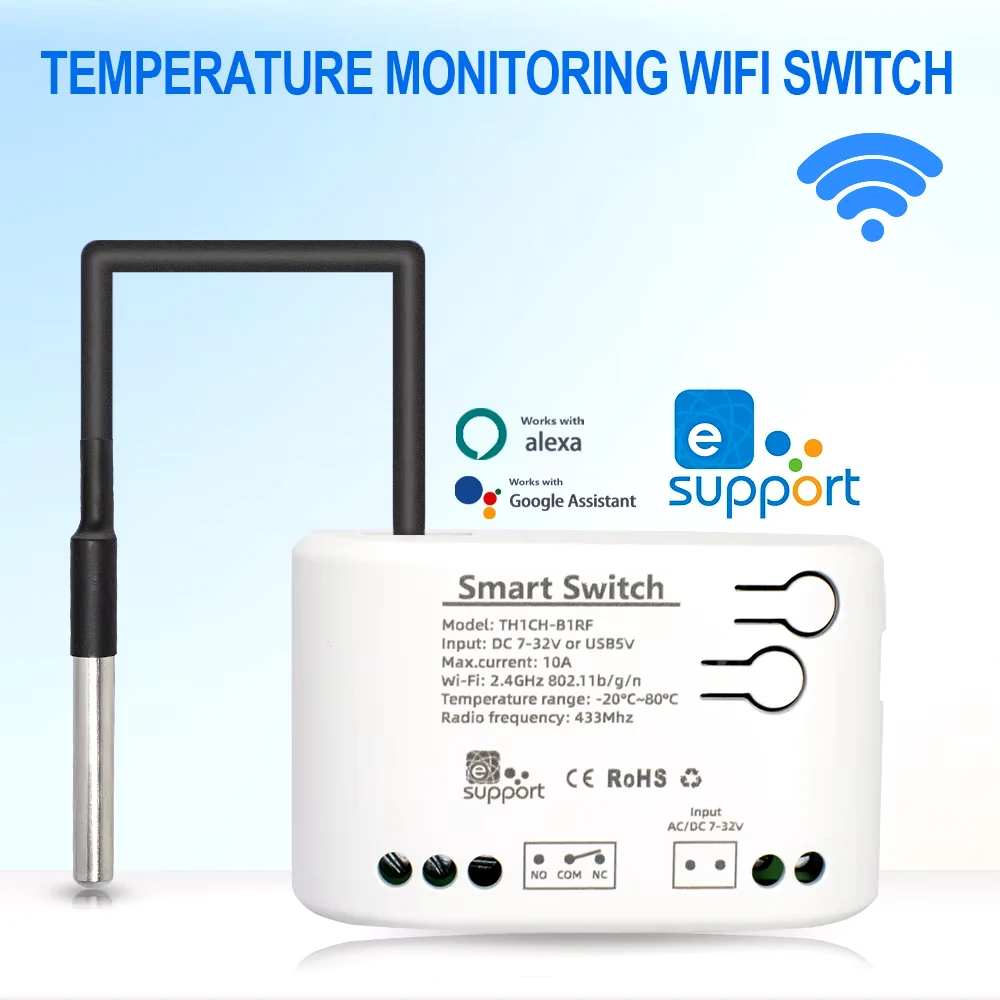Dry Contact 1CH EWELINK Smart TEMPERATURE MONITORING WIFI SWITCH 1 Channel Relay Board Module RF433 12V 24V 230V Receiver Alexa