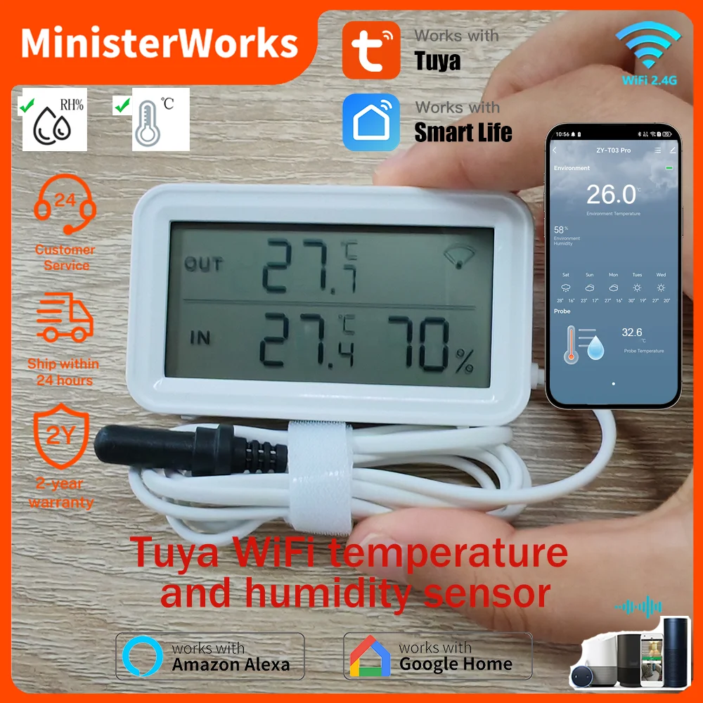 Tuya Wi-Fi Temperature and Humidity Sensor With External Probe Smart Digital LCD Screen Work with Smart Life Google Assistant