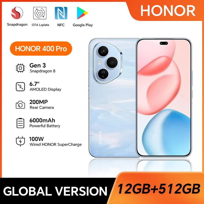 2025 New HONOR 400 Pro 5G Global Version Smartphone 200MP AI Main Camera 6.7” AMOLED Screen 6000 mAh 100W Wired 50W Wireless