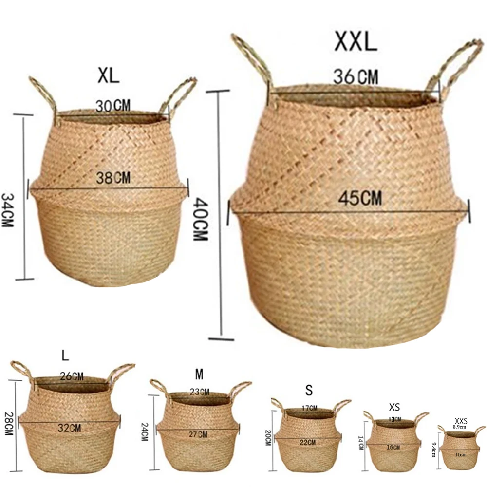 Seagrass Rattan Basket Foldable Wicker Organizer Handmade Plant Pot Laundry Bin Decorative Boho Style for Garden Home Decor