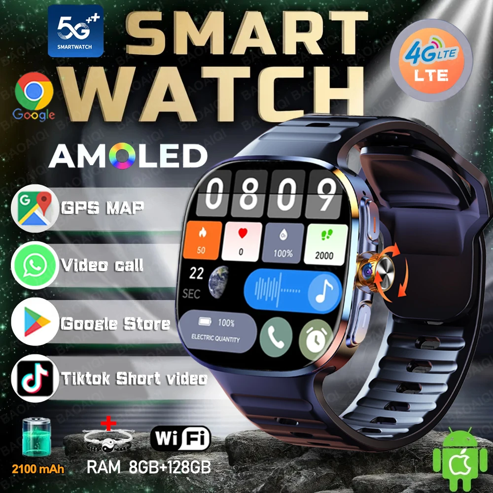 5G/4G Full Network Smart Watch 2.40 inch 720*720 Screen HD Video Call 8GB+128GB RAM Google Play NFC WIFI GPS Sim Card Smartwatch