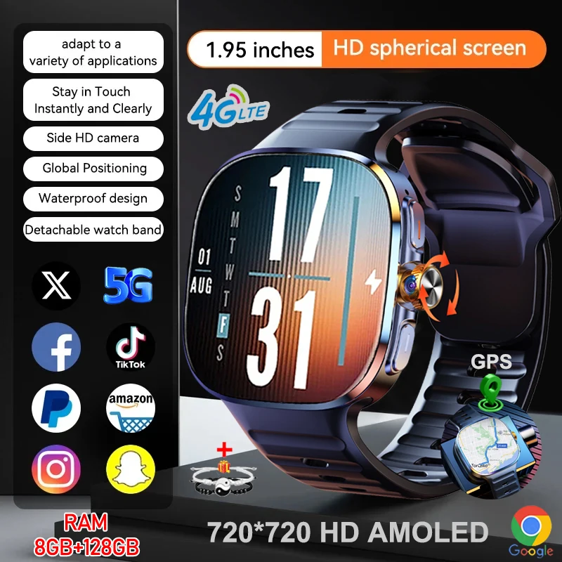 5G/4G Android 10 Smart Watch HD AMOLED 2.40 inch 8GB+128GB RAM 2100mah Battery 900W Camera GPS WIFI Google APP Tiktok Smartwatch