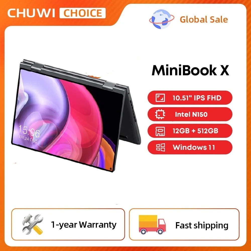 CHUWI MiniBook X 2025 2-in-1 Laptop Tablet Intel N150 CPU 10.51′ FHD IPS Screen 12GB LPDDR5 512G SSD Windows 11 Notebook PC