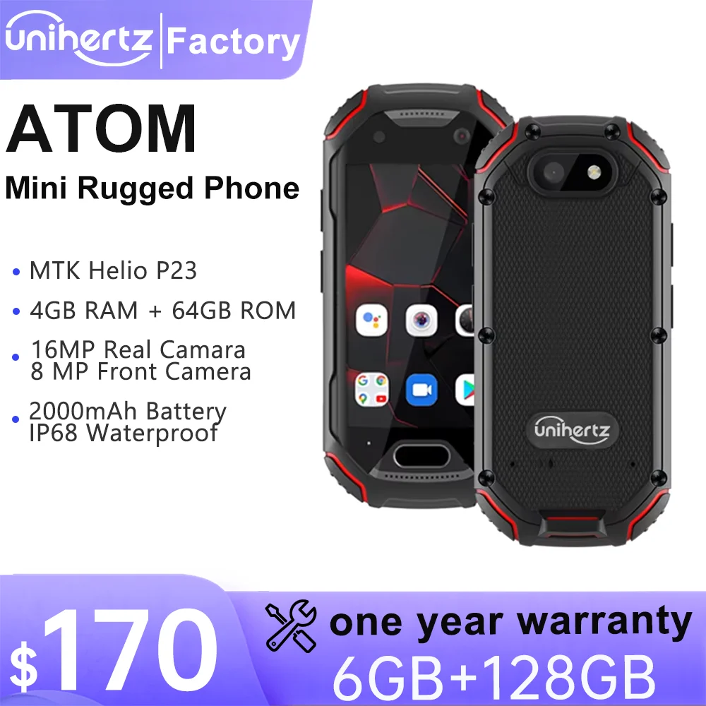 Unihertz Atom Small Rugged Smartphone, 4GB, 64GB Cellphone, P23, 16MP, 4G, 2000mAh Battery, 2.45
