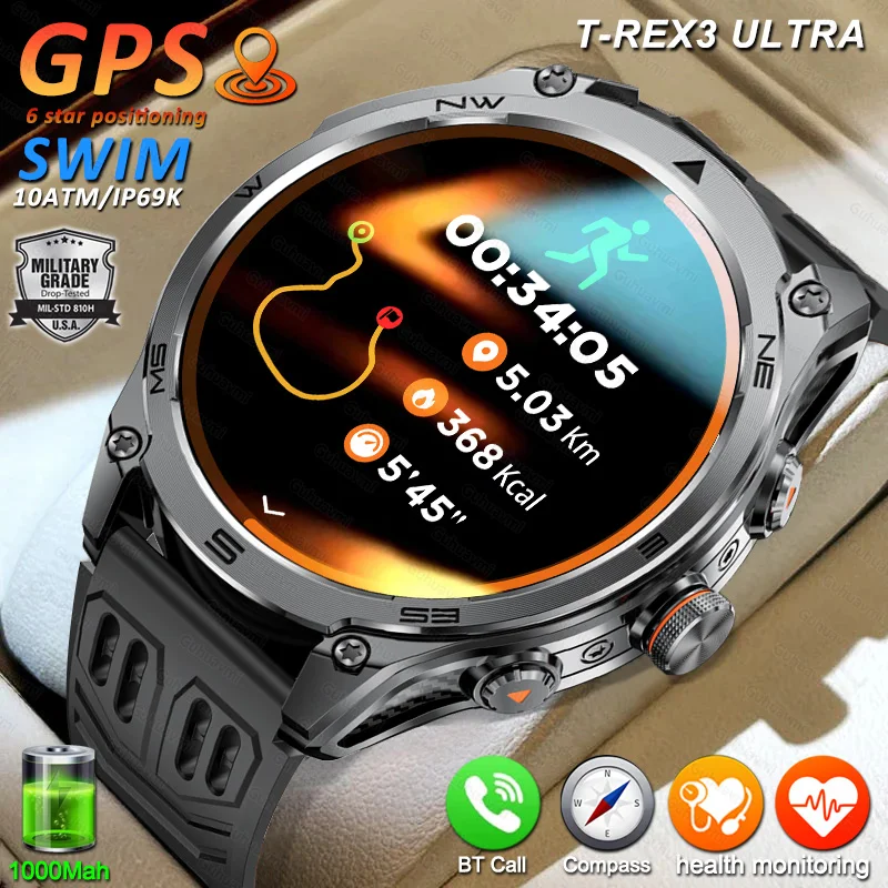 Outdoor Sports GPS Smart Watch Men Compass Waterproof Flashlight Bluetooth Call 1000mAh Large Battery Sports Bracelet Watch SWIM