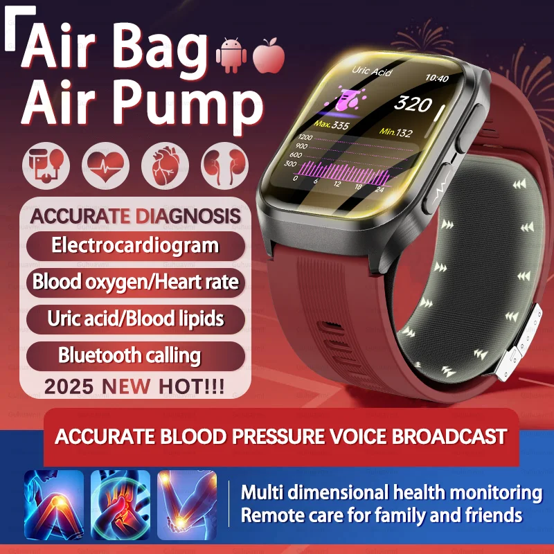 2025 New Airbag AirPump Blood Pressure ECG Uric Acid Blood Fat Blood Oxygen Heart Rate Temp Health Precise Diagnosis Smart Watch