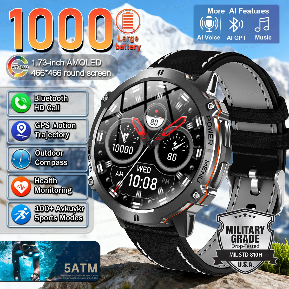 Men Smartwatch High End Sports Watch Waterproof Durable X3 1000mAh Large Battery Bluetooth Call AI dial GPT Smart Watch Outdoor