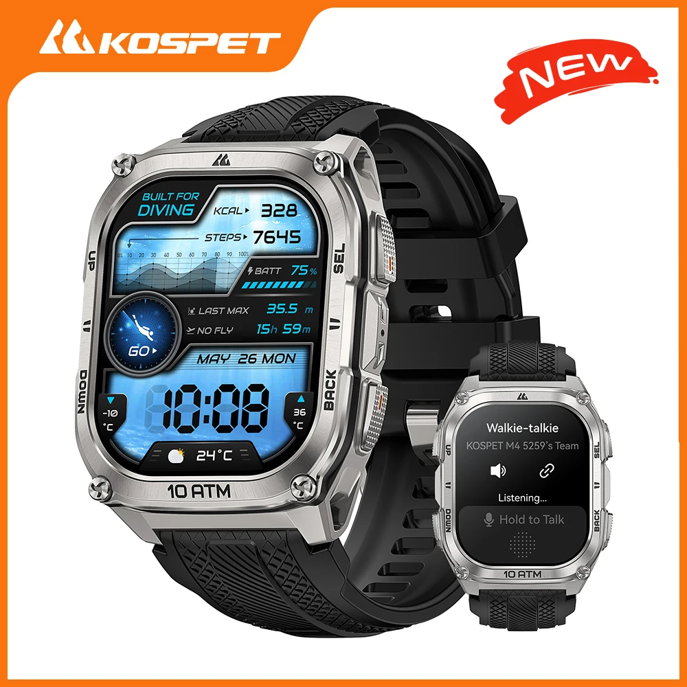 2025 KOSPET TANK M4 Smart watch for Men GPS 32GB ROM Offline Map 10ATM IP69K Waterproof Walkie-Talkie 6-Axis Gyroscope 500mAh
