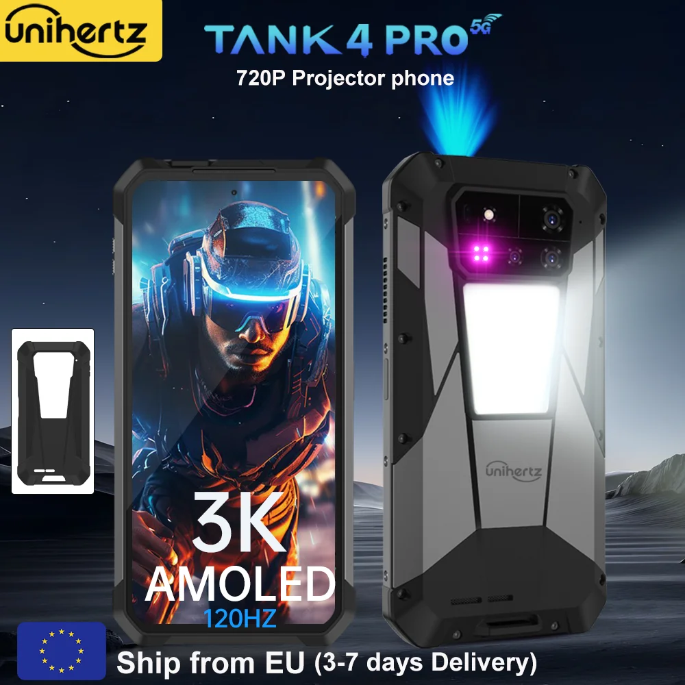 Unihertz by 8849 Tank 4 Pro Al Smartphone 5G Android 14 with 720P Projector 1TB+512GB MTK 8300 3K 120HZ AMOLED 11600mAh Battery